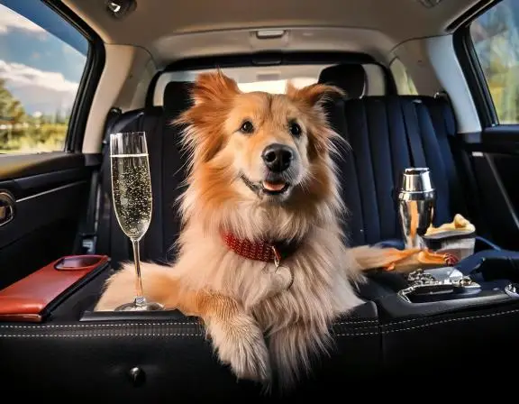 Dog being chauffeured in a limo with treats